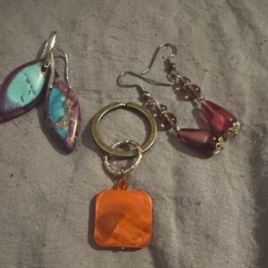 Orange keyring and Gold Tone Dangle Earrings